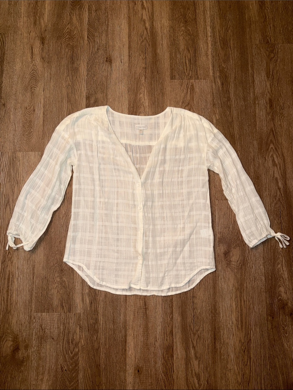 Garnet Hill White Ivory Cotton Gauze Button Down Blouse Tie Cuff Sleeve Size 4